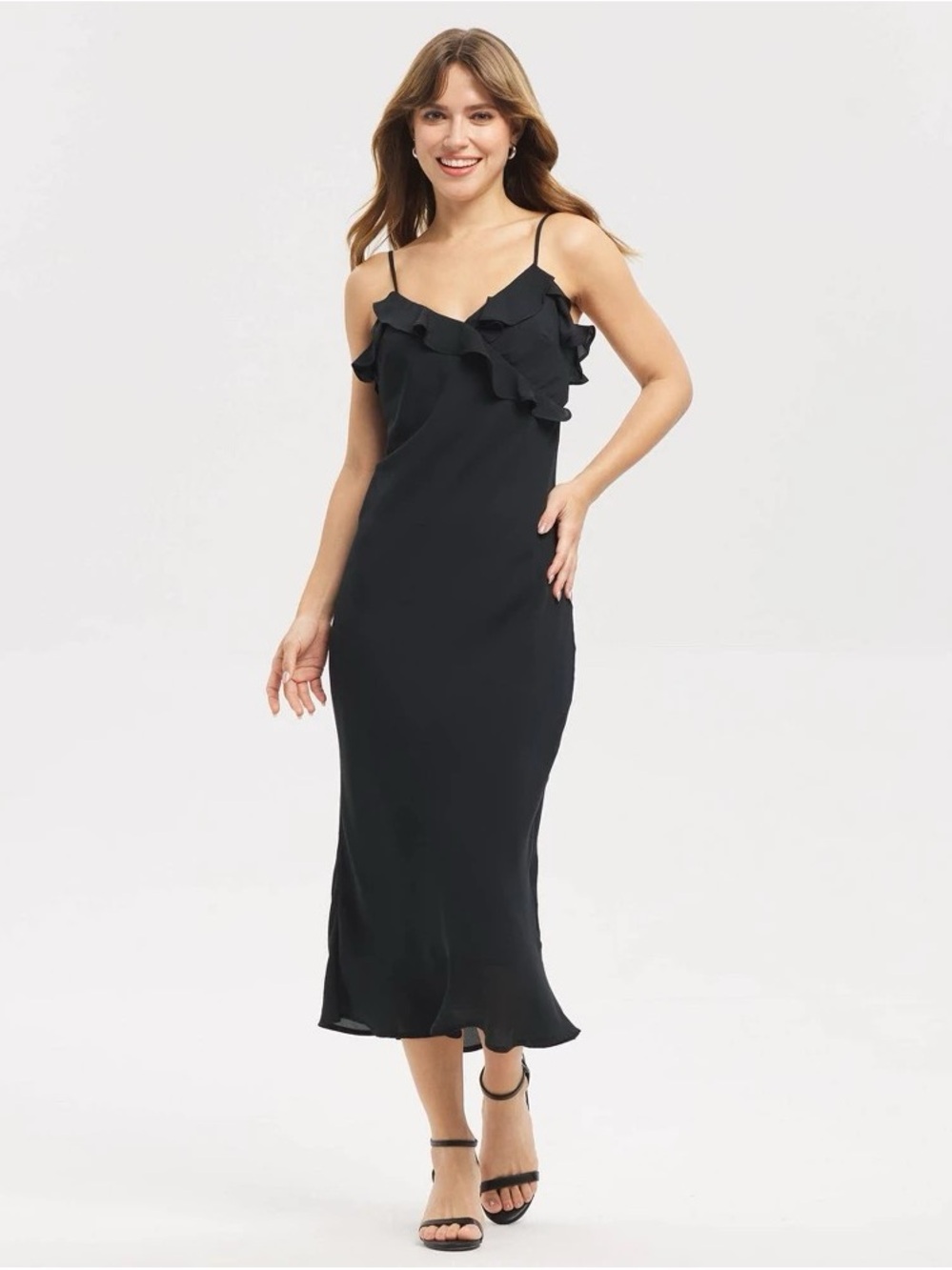 a new day Black Ruffle Slip Midi Dress with Spaghetti Straps b187pe